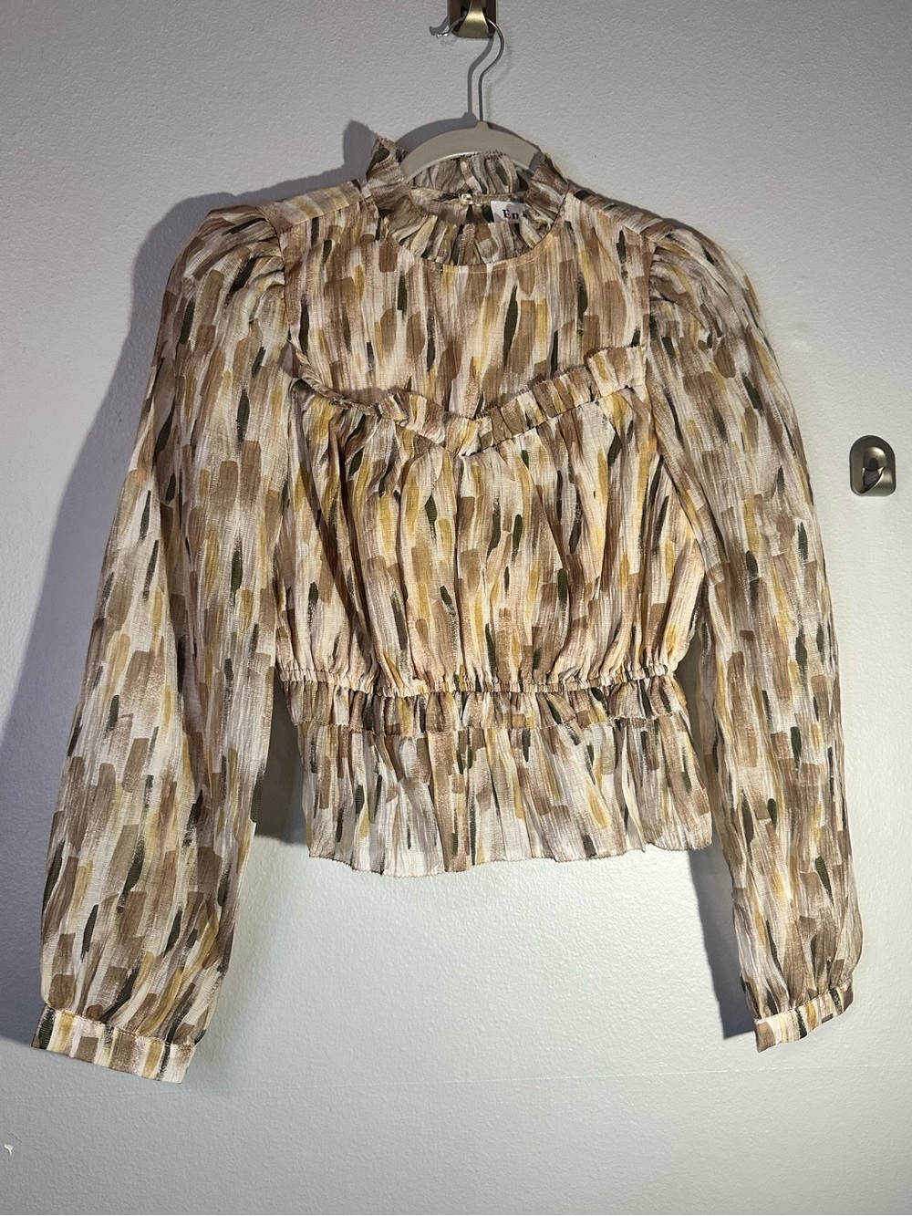 En Saison Lightweight Printed Ruffle-Neck Long Sleeve Blouse - Beige Multi